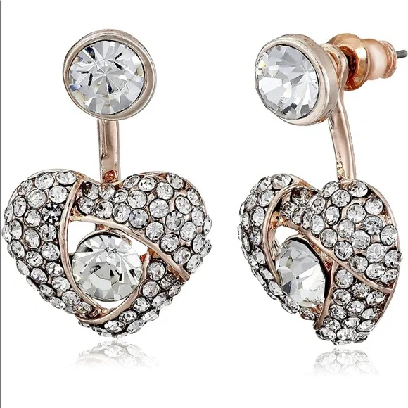 New Betsey Johnson Pave Heart Front & Back Earrings - Picture 1 of 10